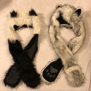 2 fluffy Animal hat pocket scarves